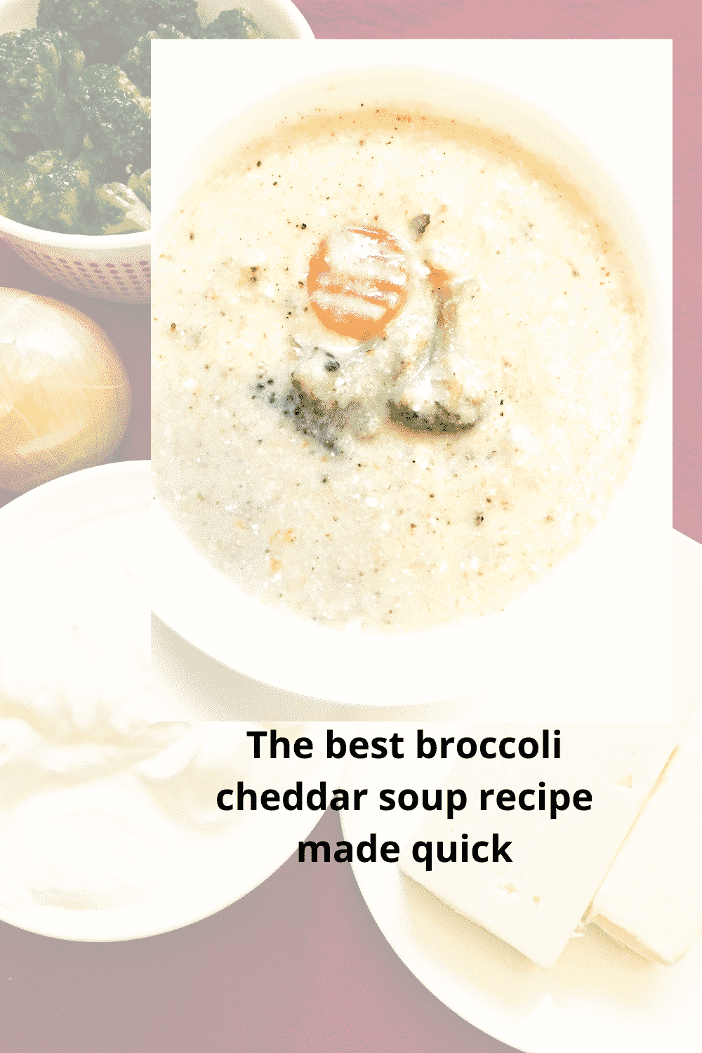 vegetarian broccoli cheddar soup served on a white bowl.