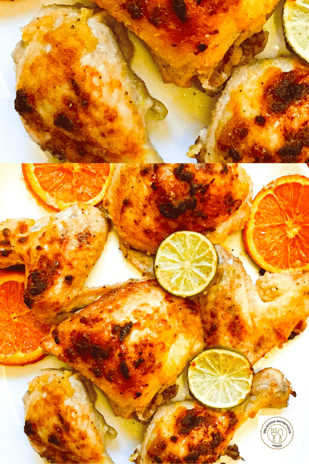 Whole chicken cut in 8 pieces marinated in lime and orange juice baked on a sheet pan ready to serve. Two pictures fused.