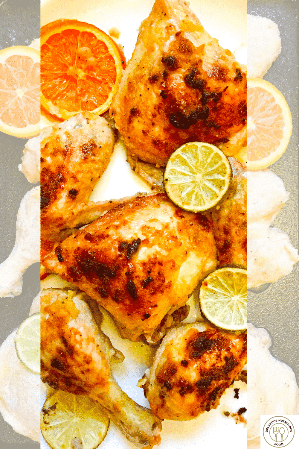 Whole chicken cut in 8 pieces marinated in lime and orange juice on a sheet pan ready to bake and baked prepared to serve—two picture overlap.
