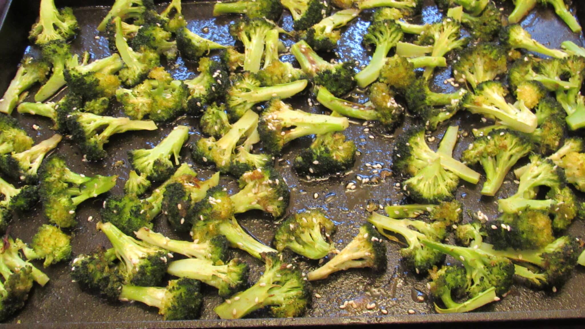 Broccoli florets are roasted.