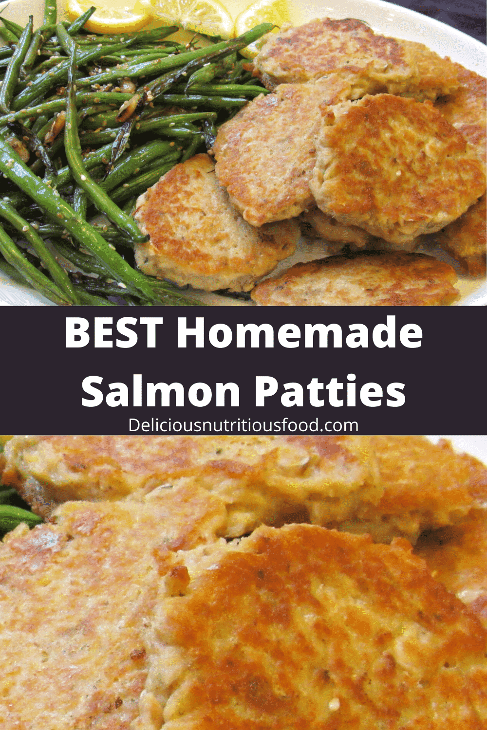 Old fashioned salmon patties are served with green beans on a white platter.