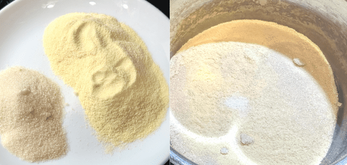 Sugar and semolina flour added in a pot