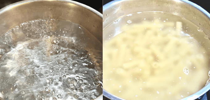 Rigatoni is added to boiling water.