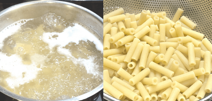 Rigatoni is cooked and drained.