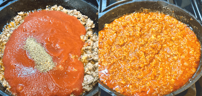 Tomato sauce and Italian seasonings are added.