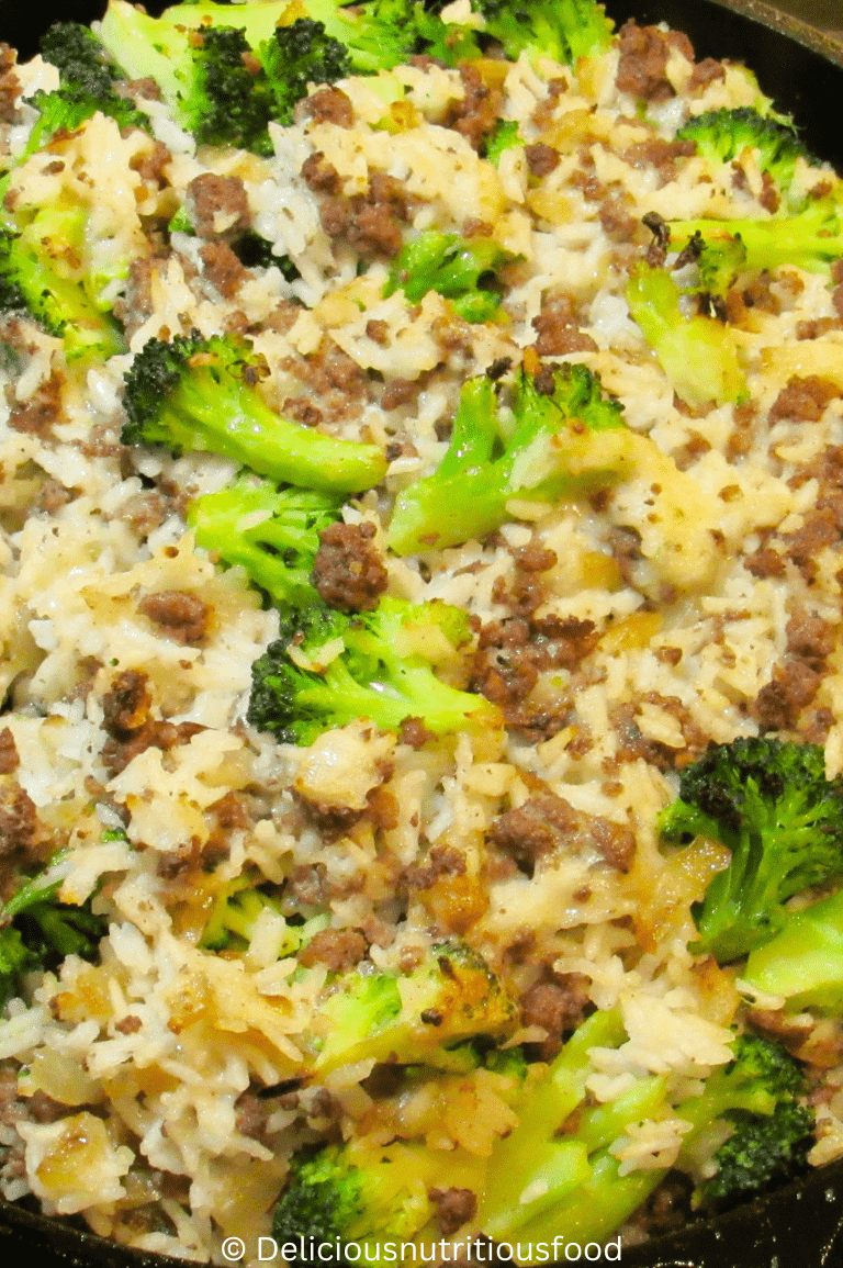 Broccoli cheddar cheese and ground beef casserole with rice ready to serve.