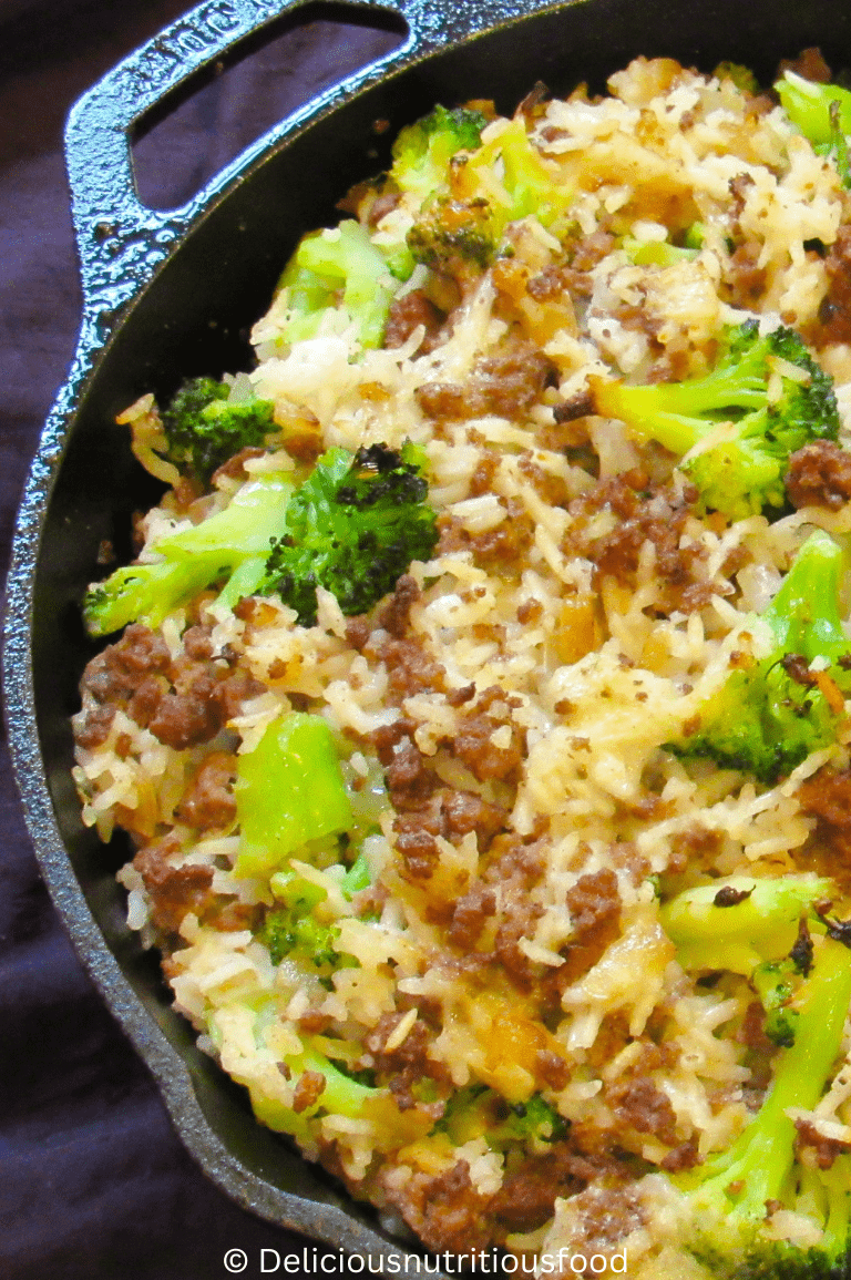 ground beef and broccoli casserole  cooked in a cast-iron skillet, ready to serve.