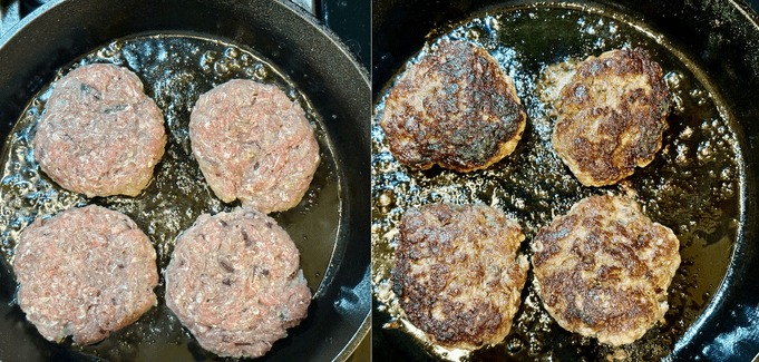 4 patties are fried on a cast iron skillet at a time. Total of 8 ground beef patties.