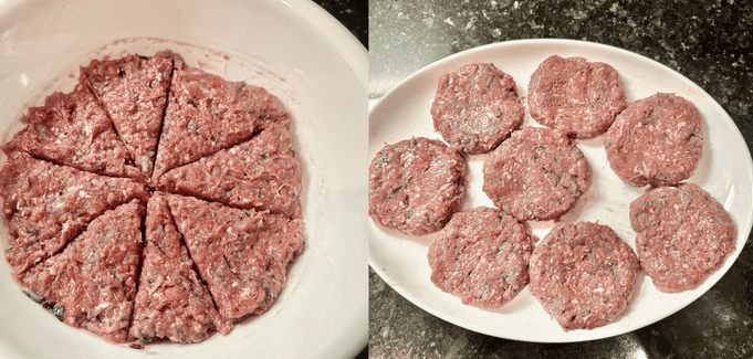 The burger mixture is divided into 8 portions and shaped into 8 patties.