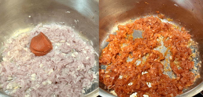 Tomato paste is added and sauteed.