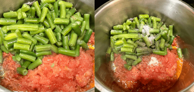 Grated tomato and green beans added.  Seasoned with salt, sugar, and black pepper. 