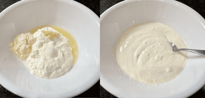 Yogurt, garlic, mayonnaise, salt, and lemon juice are added in a white bowl and mixed.