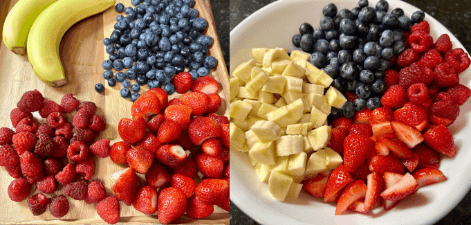 Berries and banana are chopped for the salad and added in a bowl.
