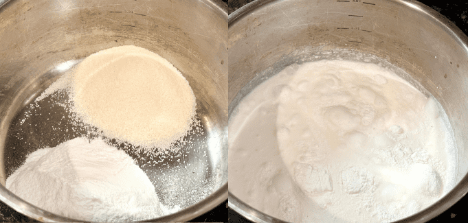 Flour and sugar and milk in a pot