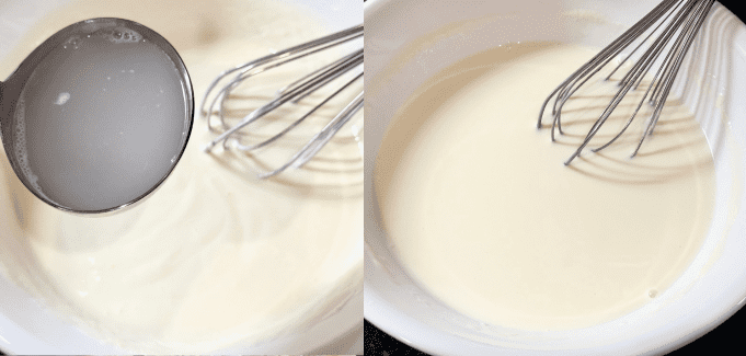 Ladle of hot rice water is added to yogurt mixture slowly and mixed.