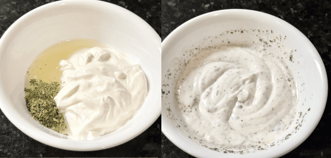 Yogurt dressing made of yogurt, lemon juice, and dry mint is made.