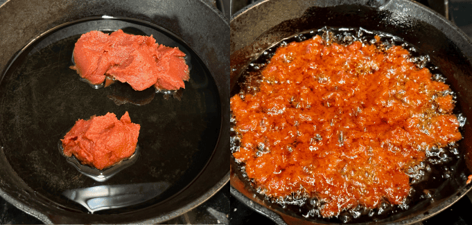 Red pepper paste and tomato paste are sautéing on a cast iron skillet.