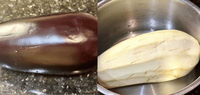 eggplant is peeled and poked to cook in a pot.