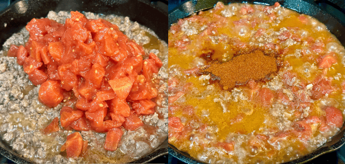 Canned chopped tomatoes and paprika is added.