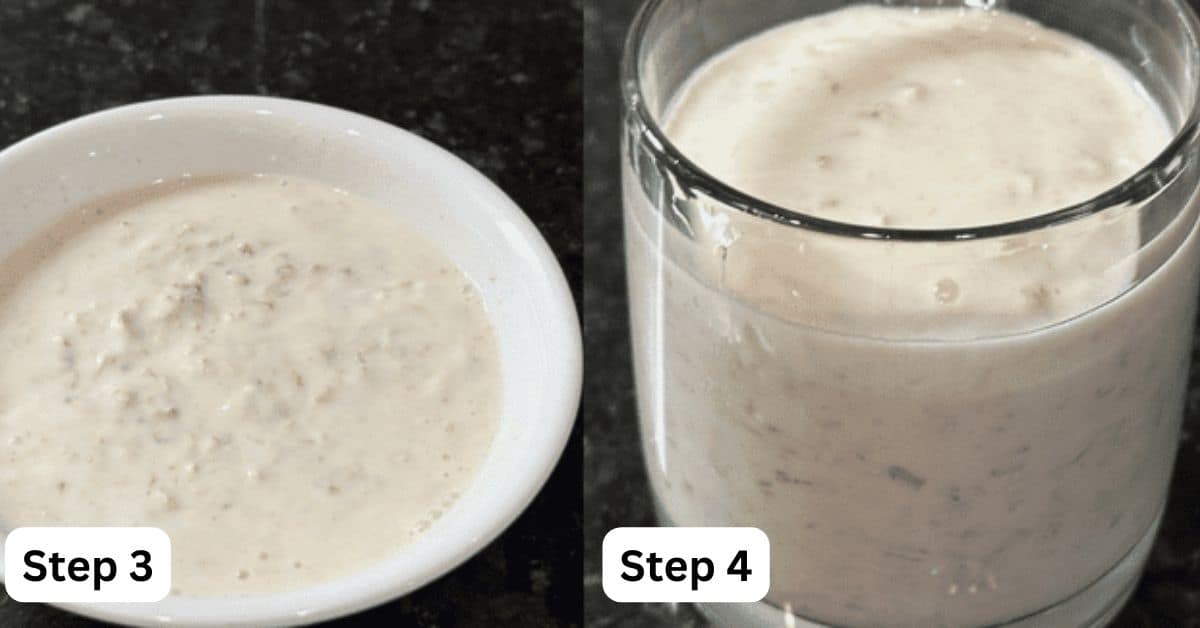 Overnight Oats and milk in a glass jar and white dish.